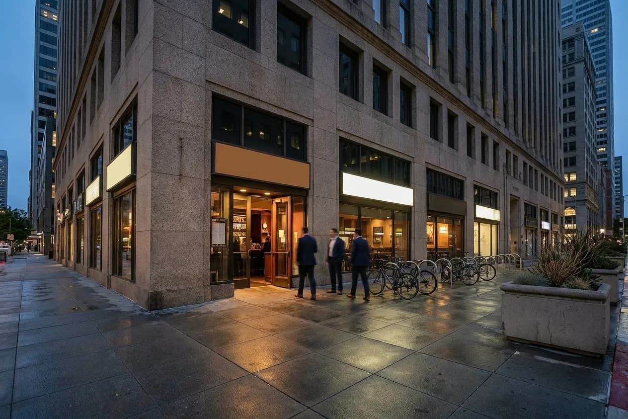 A downtown San Francisco bar entrance in the early evening, tall office buildings above, light from the doorway across a wide pavement