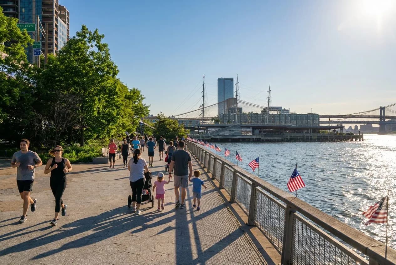 Memorial Day East River Greenway Walk from Brooklyn Bridge to Astoria hero image (img2img re-imagining of a real CC BY-SA 4.0 photo by Clyde Charles Brown)