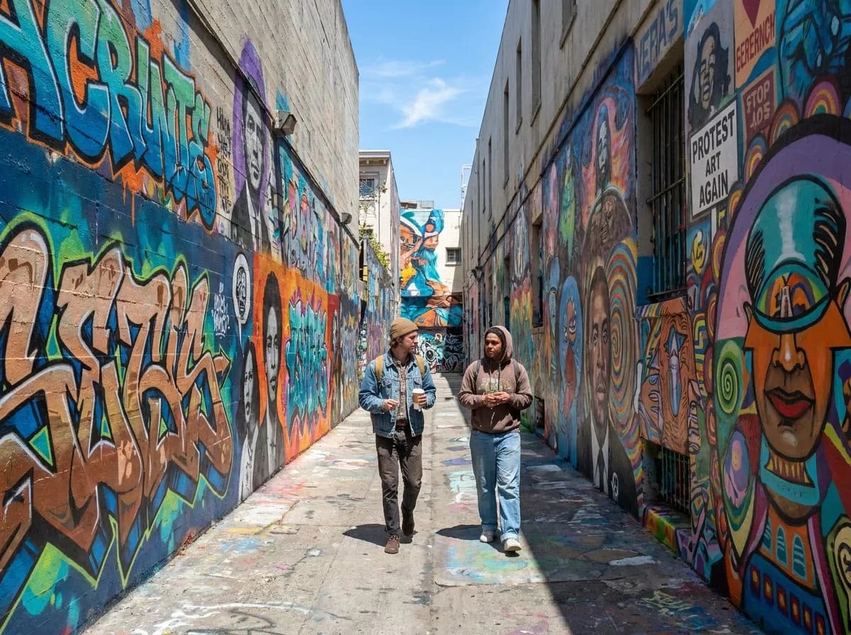 Vibrant Clarion Alley murals in the Mission San Francisco — densely painted political and surreal murals on both alley walls (img2img re-imagining of a real CC BY-SA 2.0 photo by A Syn from California)