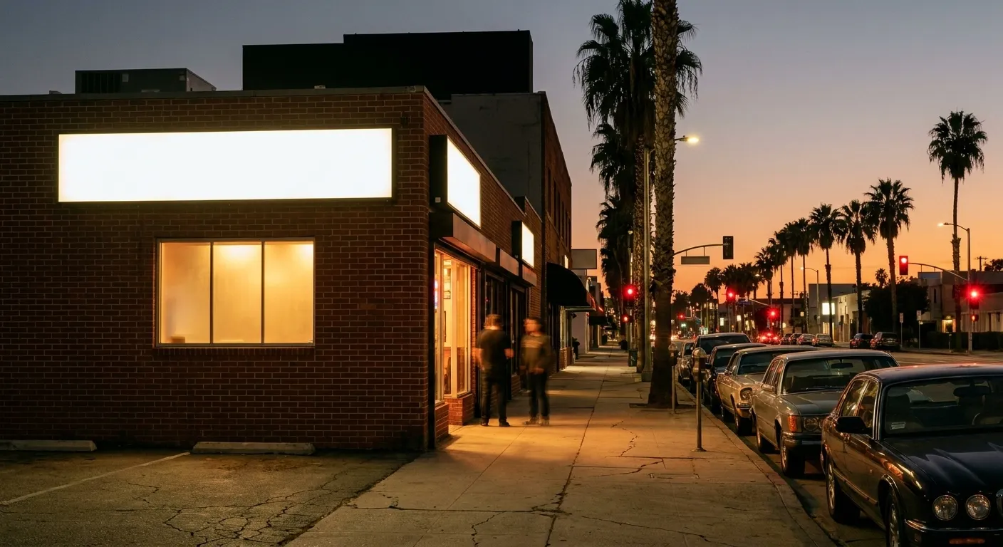 A Los Angeles bar frontage at dusk on a wide boulevard, neon glow in the window, palm trees and traffic lights receding into the distance