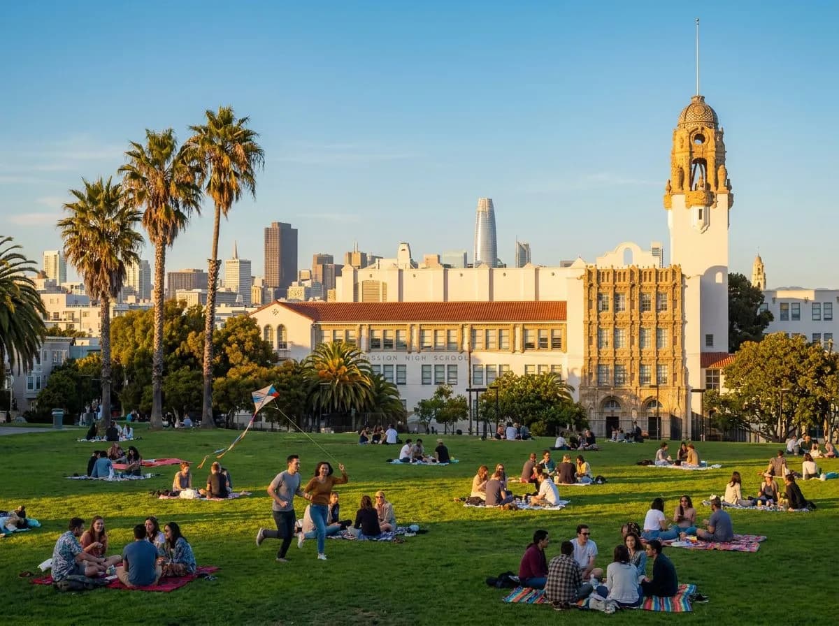 Dolores Park late afternoon — green slope, picnic blankets, downtown skyline in distance, palm trees (img2img re-imagining of a real CC BY-SA 4.0 photo by Guerinf)