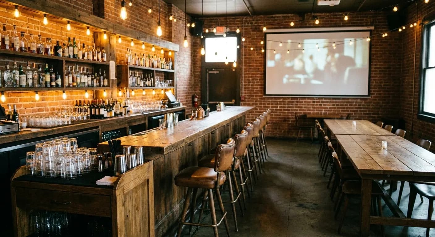 A back room in a downtown Los Angeles bar with communal tables, exposed brick and a projector screen lit on the end wall