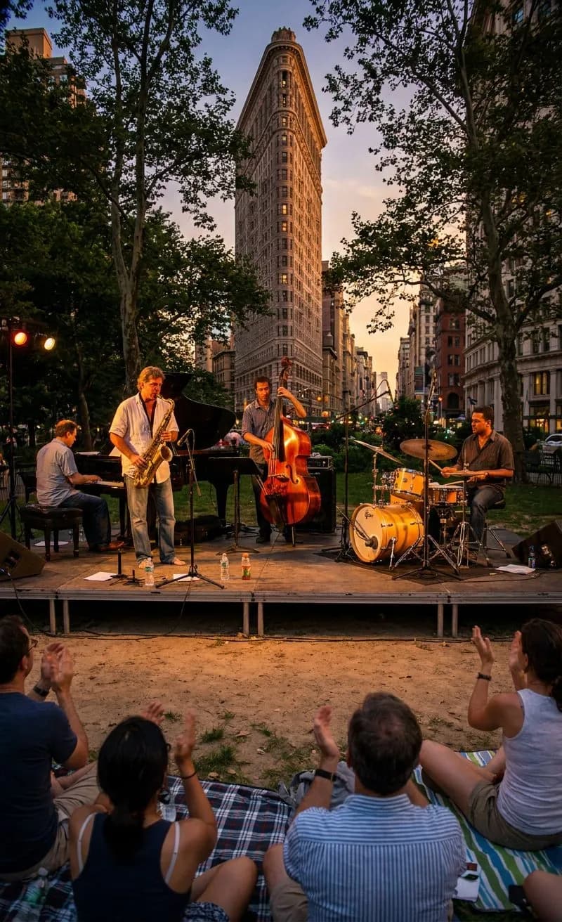 Small outdoor concert in Manhattan park — musicians on low temporary stage, casual seated crowd at golden hour, Flatiron skyline (img2img re-imagining of a real CC BY 3.0 photo by <a)