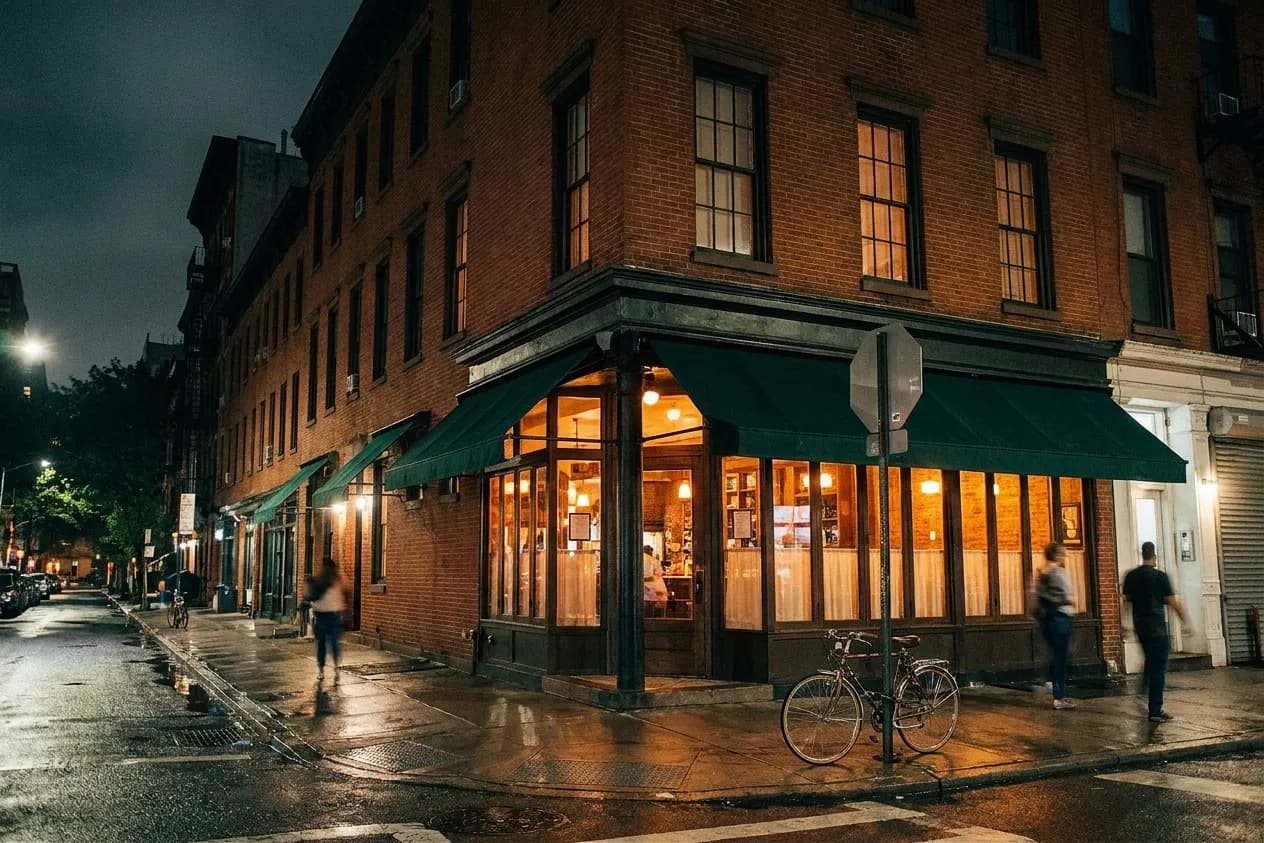 A Greenwich Village corner bar at night with awnings over the pavement and warm light through large windows, a crossing street receding behind it