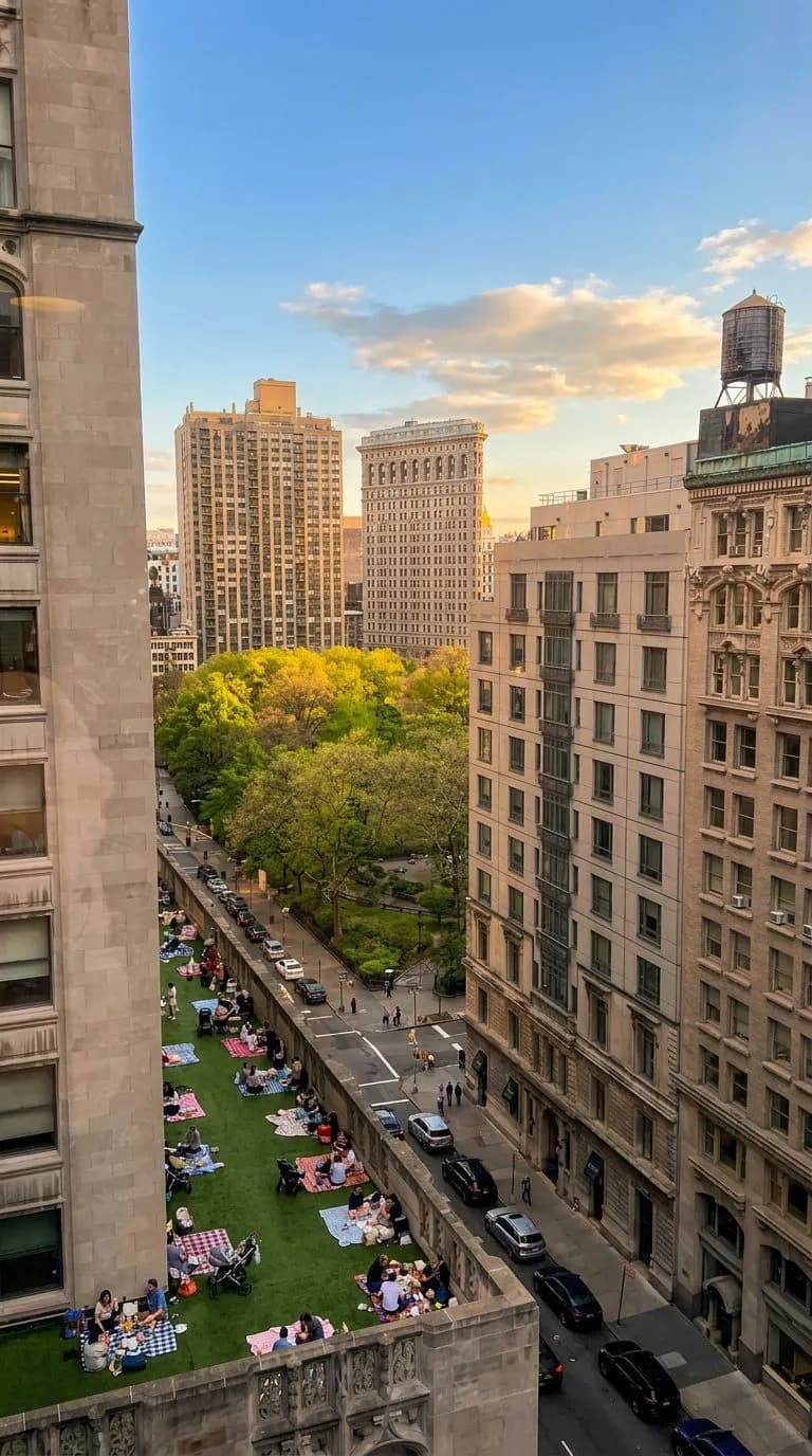 Free Outdoor Concerts at Madison Square Park, Late May hero image (img2img re-imagining of a real CC BY-SA 3.0 photo by <a)