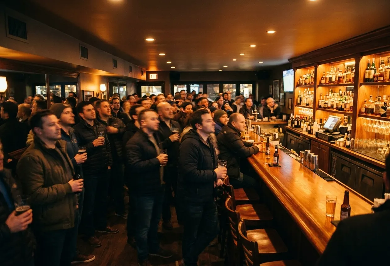 A packed New York bar during a night baseball game, heads turned toward a screen out of frame, a long bar and a wall of bottles on the right
