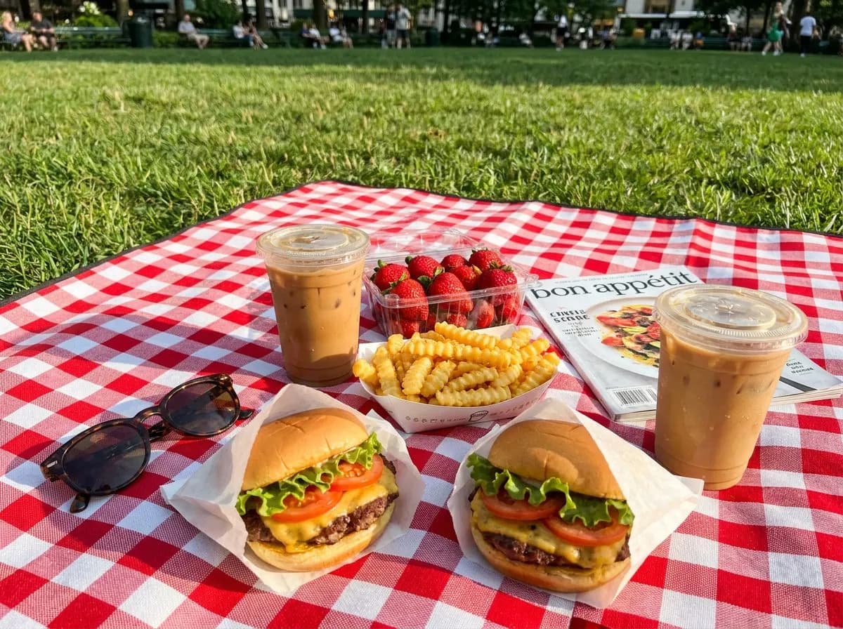 Picnic spread on blanket at Madison Square Park — burgers, iced coffees, fresh strawberries, sunglasses, magazine (img2img re-imagining of a real CC BY-SA 4.0 photo by <a)