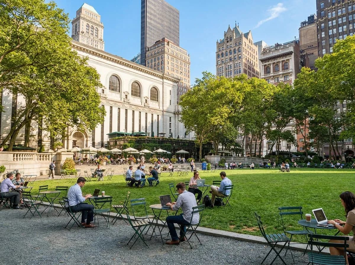 Bryant Park NYC with green folding chairs scattered across lawn, people with laptops, midtown skyscrapers (img2img re-imagining of a real CC BY-SA 3.0 photo by User:Fuzheado)