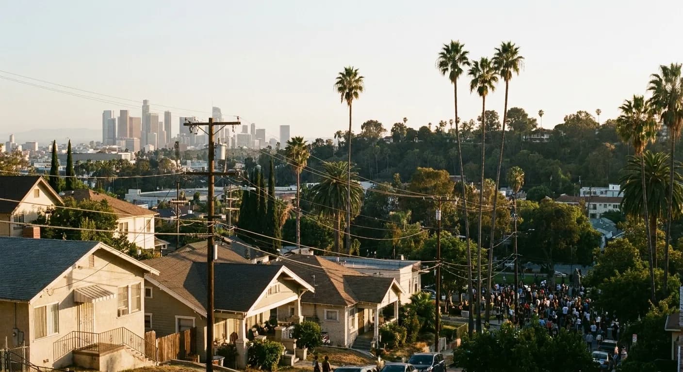 A view across Echo Park rooftops toward downtown Los Angeles in late afternoon, palm trees breaking the skyline, hills falling away in the foreground