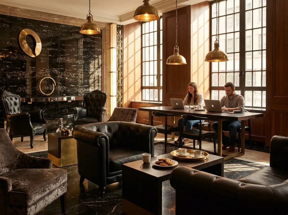 Cozy midtown hotel lobby café — leather armchairs, communal table with laptops, brass pendant lights, plants (img2img re-imagining of a real CC BY-SA 3.0 photo by <a)