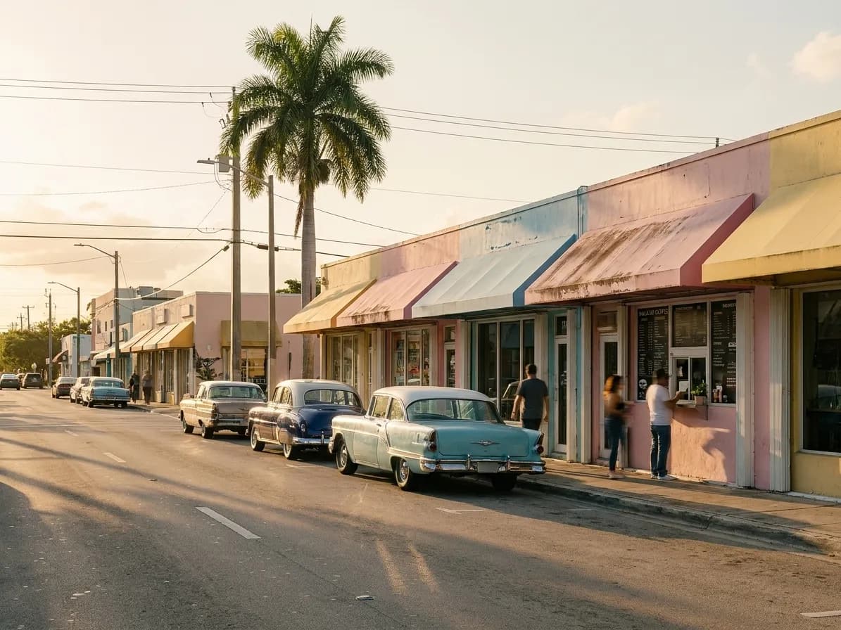 A Calle Ocho block in Little Havana in warm evening light, low storefronts with hand-painted signage shapes, cars parked at an angle along the kerb