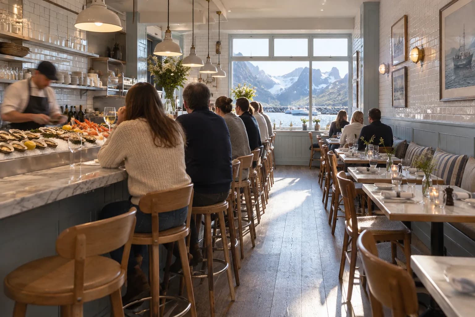 A narrow bright seafood restaurant with a raw bar counter and a few tables