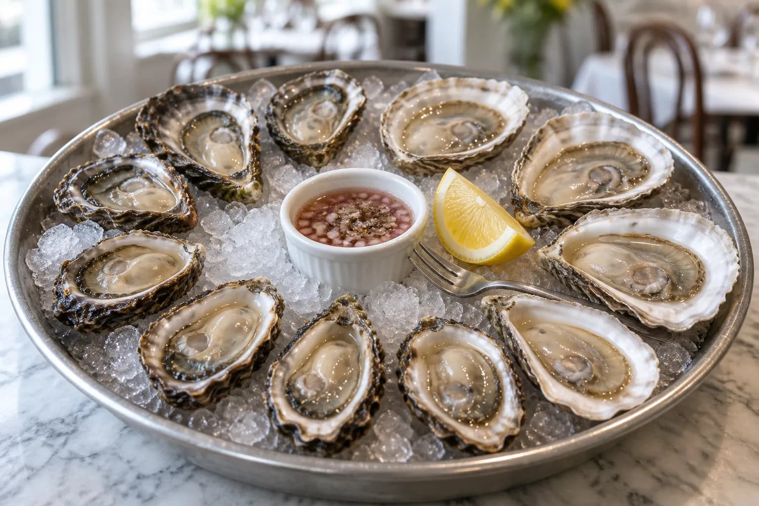 A tray of oysters on crushed ice with lemon and mignonette on a small counter