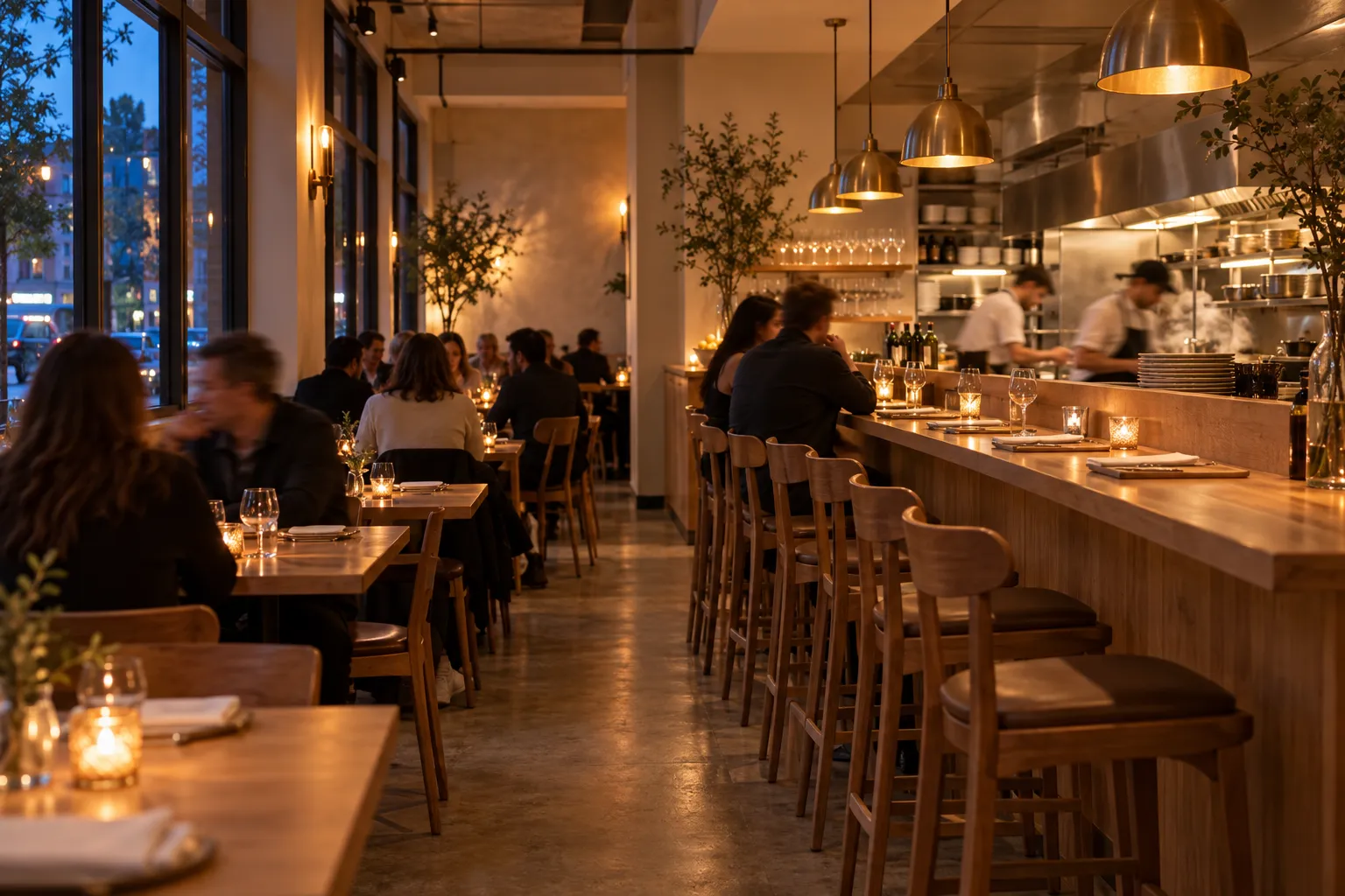 A warm corner restaurant dining room with an open kitchen and a bar counter