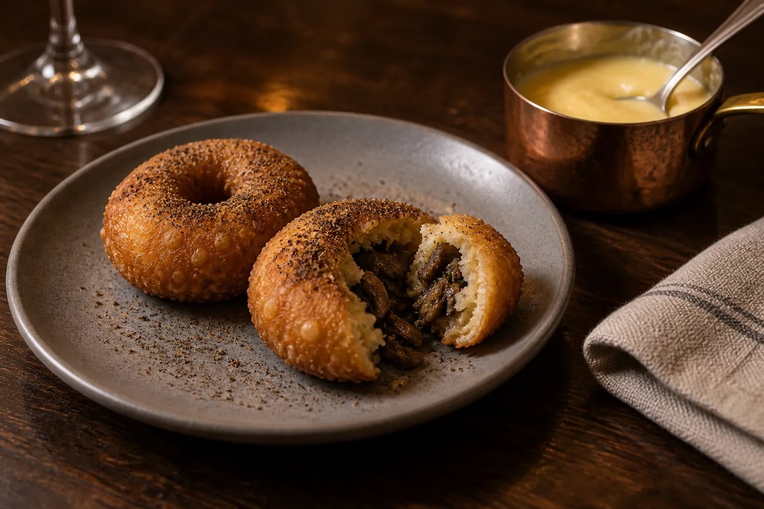 A savoury filled doughnut on a small plate beside a pot of melted cheese