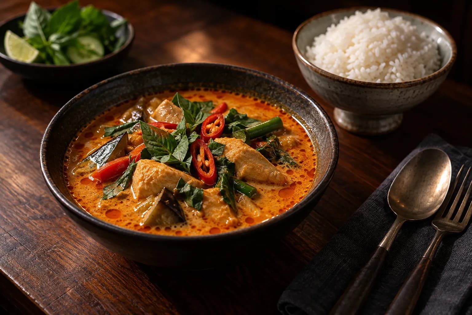 A rich Thai curry in a shallow bowl beside a plate of jasmine rice on a dark table