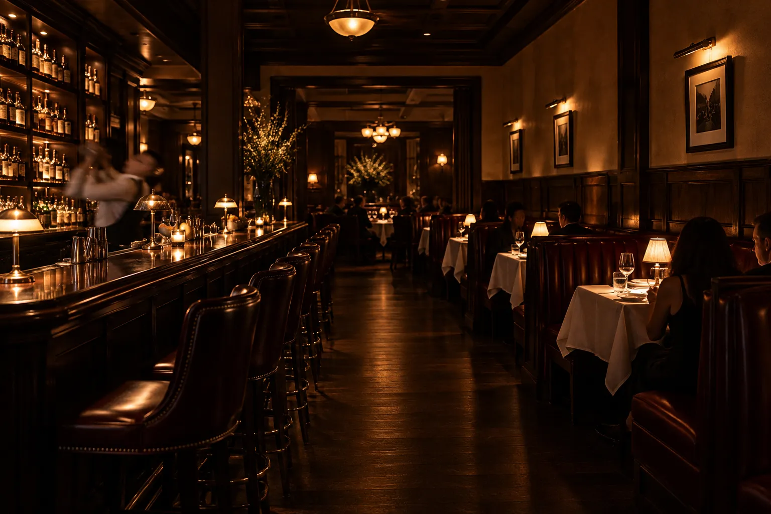 A dark warm restaurant dining room with leather booths and low lighting