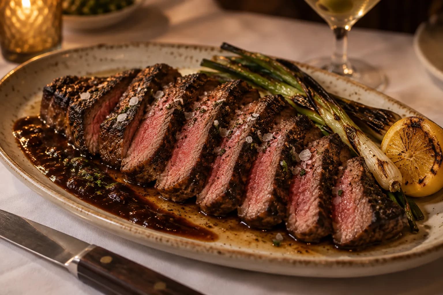 A sliced steak on a warm platter with a dark sauce and charred vegetables