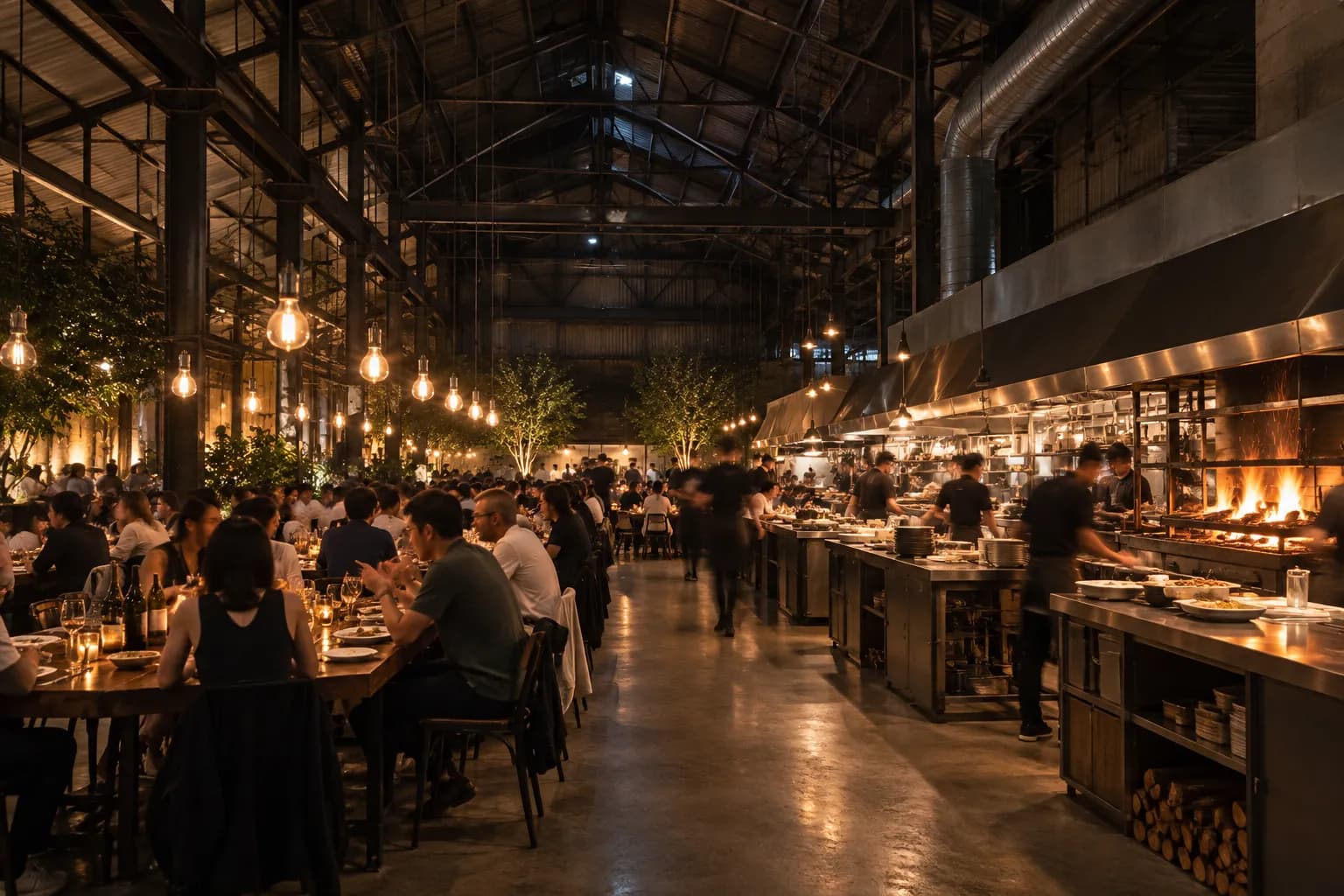 A large warehouse restaurant interior with high ceilings and an open kitchen