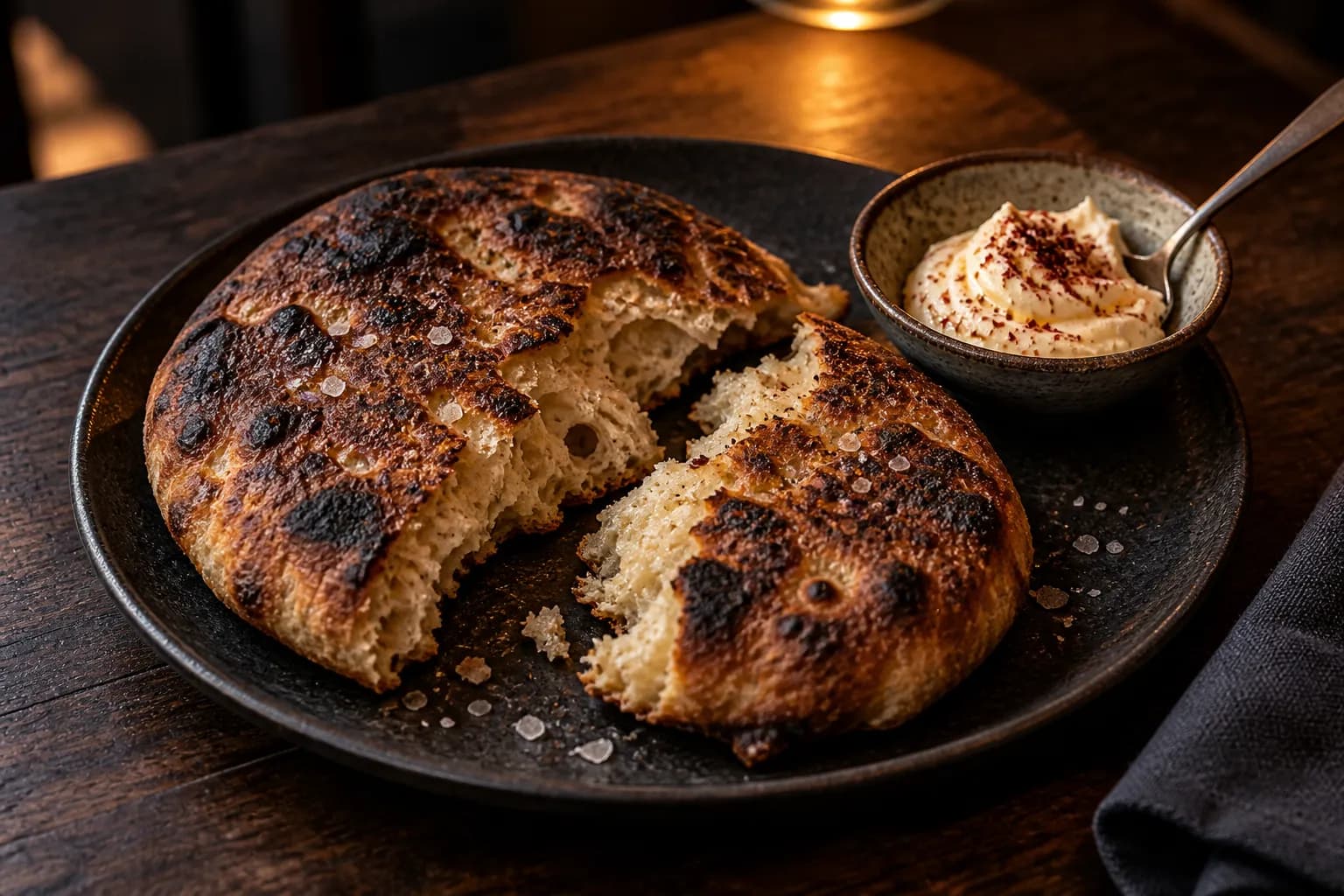 A charred flatbread torn open beside a bowl of whipped dip on a dark table