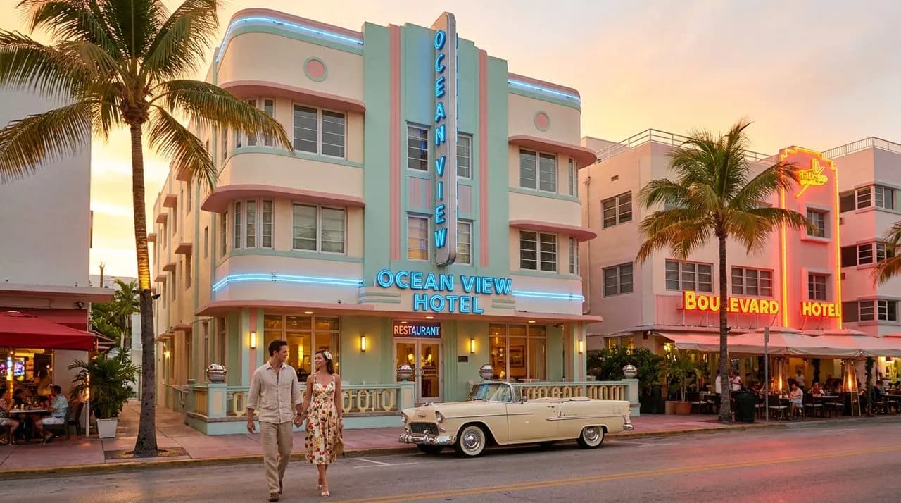 White Lotus Season 4 Hotel Bars in South Beach hero image (img2img re-imagining of a real CC BY 2.0 photo by Nestor Galina)