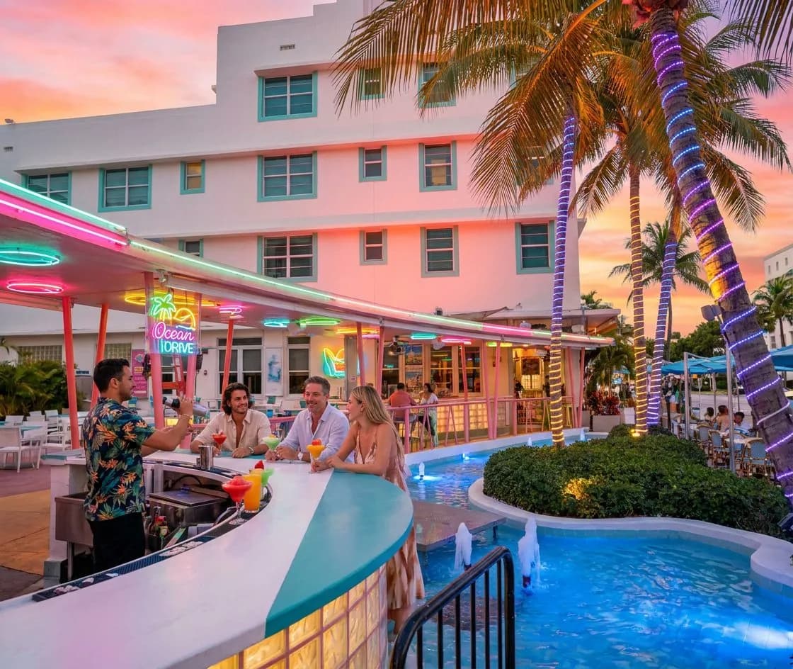 Late afternoon Collins Avenue South Beach with art deco hotel facades — pastel pink and turquoise, neon signs glowing, palm trees (img2img re-imagining of a real CC BY-SA 4.0 photo by P. Hughes)