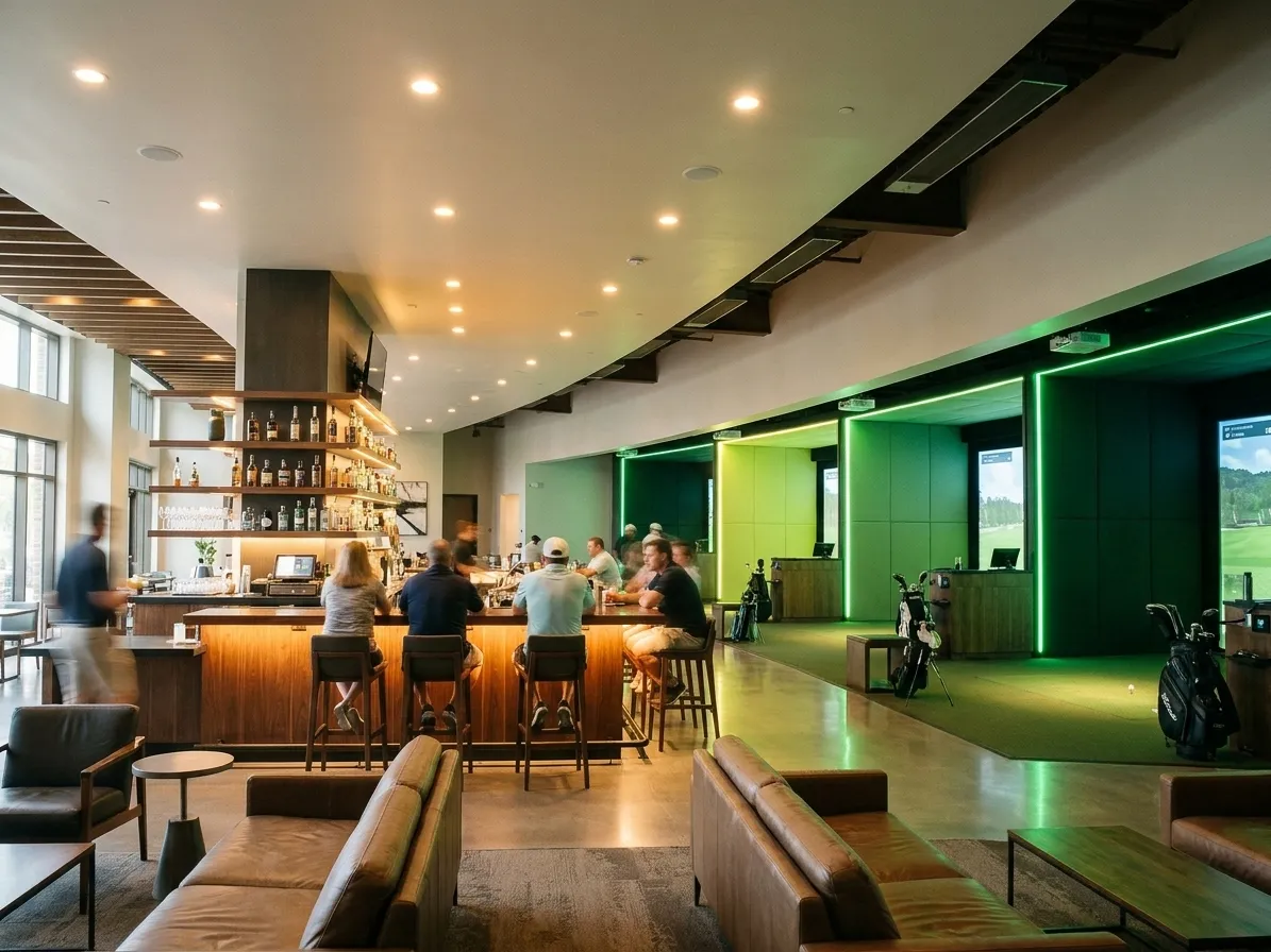 The lounge side of an indoor golf venue, low seating and a bar counter in front of a row of lit bays receding down the room