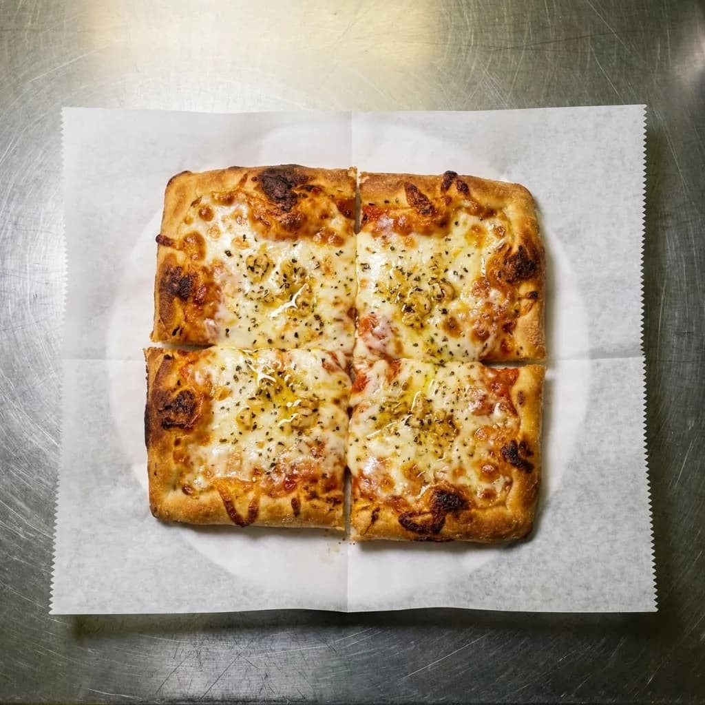 Overhead view of thick square Sicilian-style pizza slices on white deli paper on a stainless steel counter under warm light