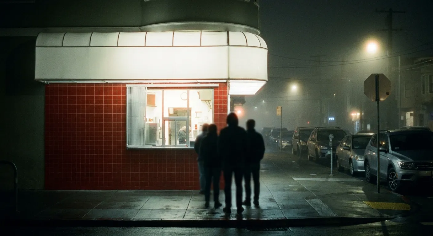 A small neighbourhood ice cream shop glowing on a dark foggy San Francisco corner late at night with a short queue outside