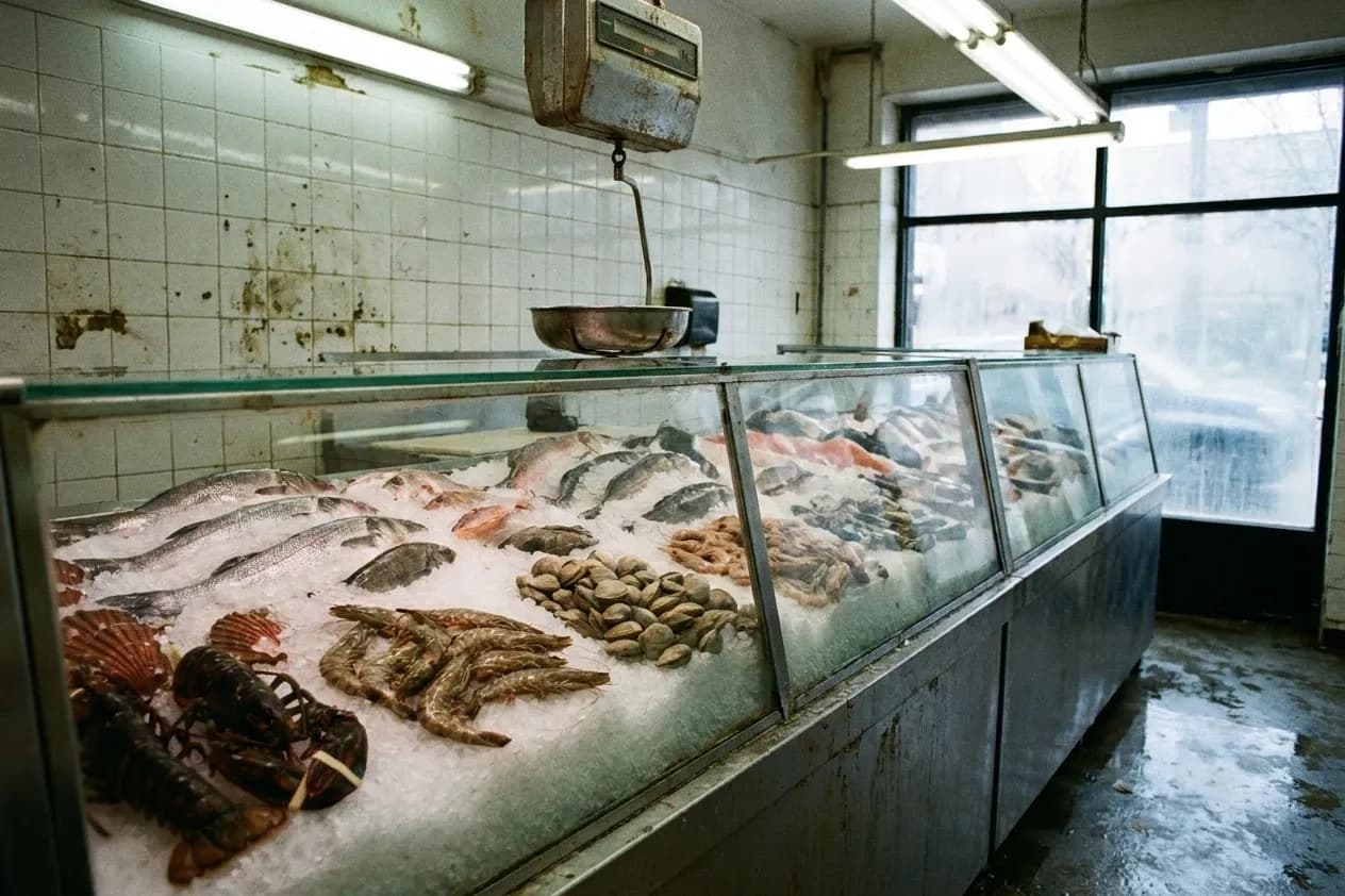 Whole fresh fish, prawns and clams laid out on crushed ice behind the glass display case of a small neighbourhood fish market