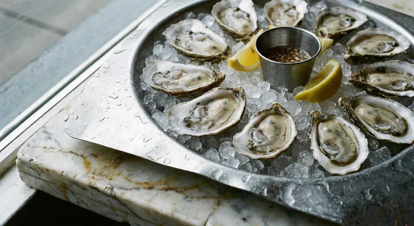 A dozen freshly shucked raw oysters on crushed ice on a metal tray with lemon wedges and a cup of mignonette