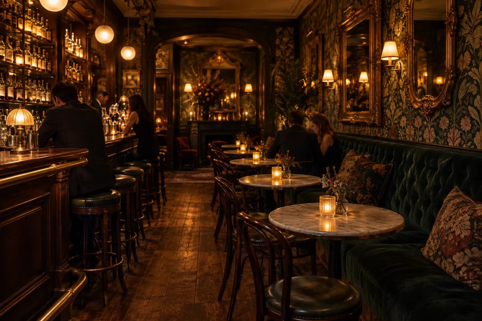 An ornate warm cocktail bar interior with patterned wallpaper and velvet seating