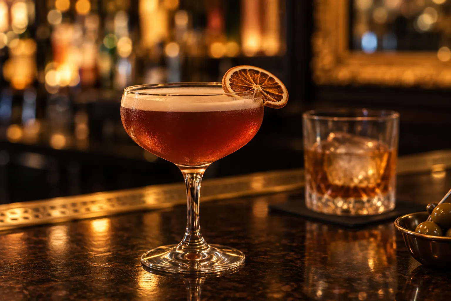 A cocktail in a coupe on a dark bar top with ornate warm lighting behind