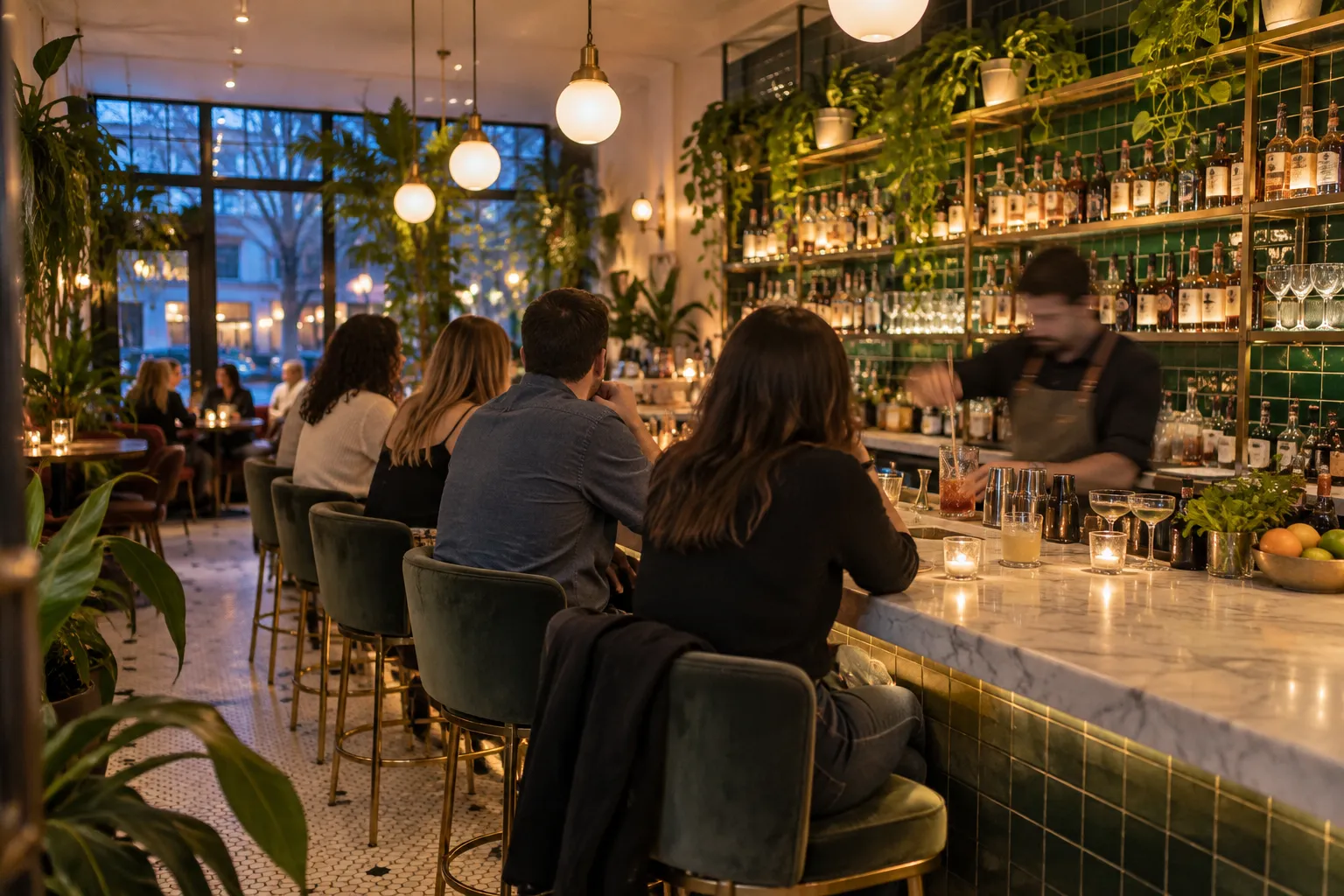 A bright modern cocktail bar interior with a long bar and green tiled walls