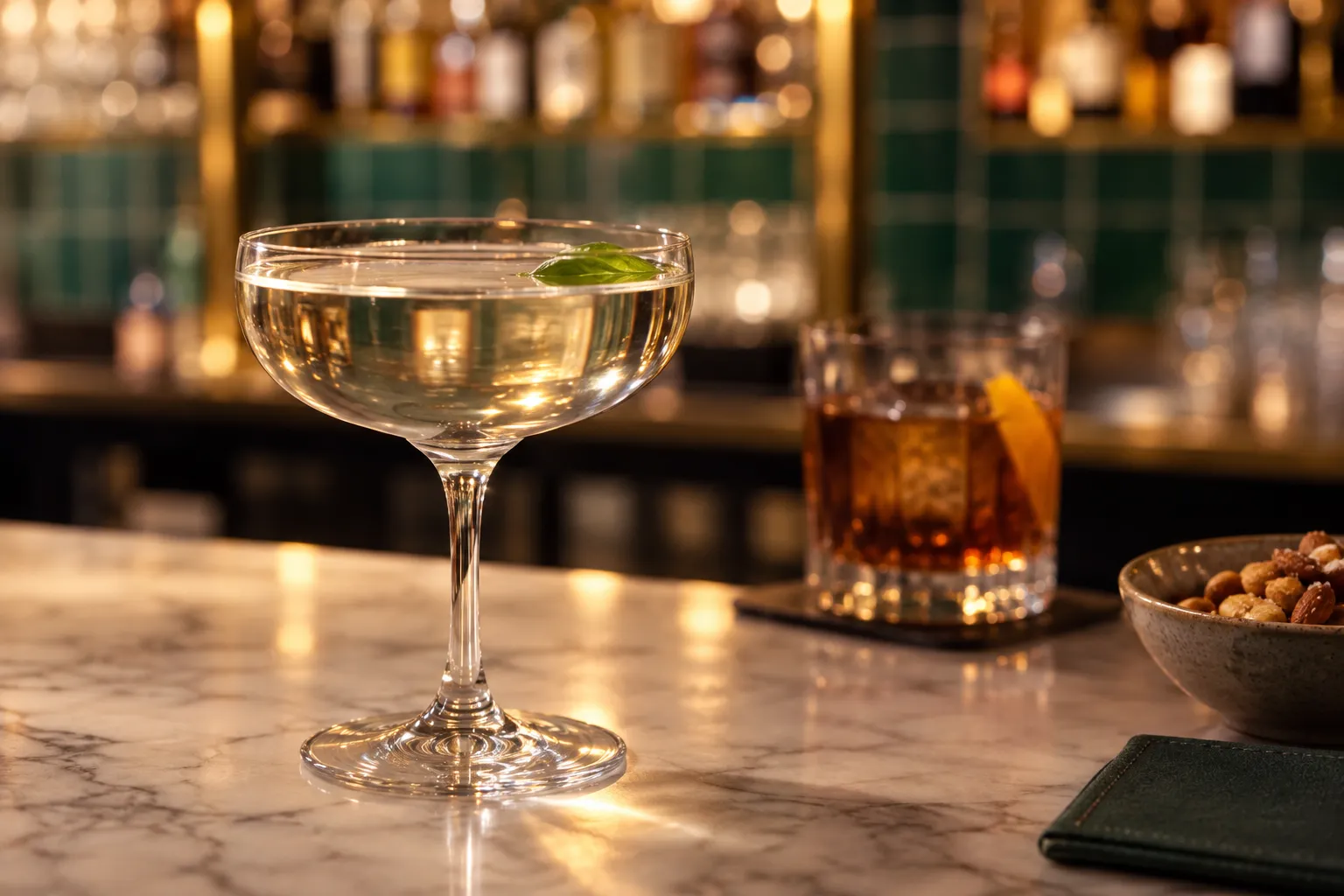 A pale clarified cocktail in a coupe on a bar top with a small garnish