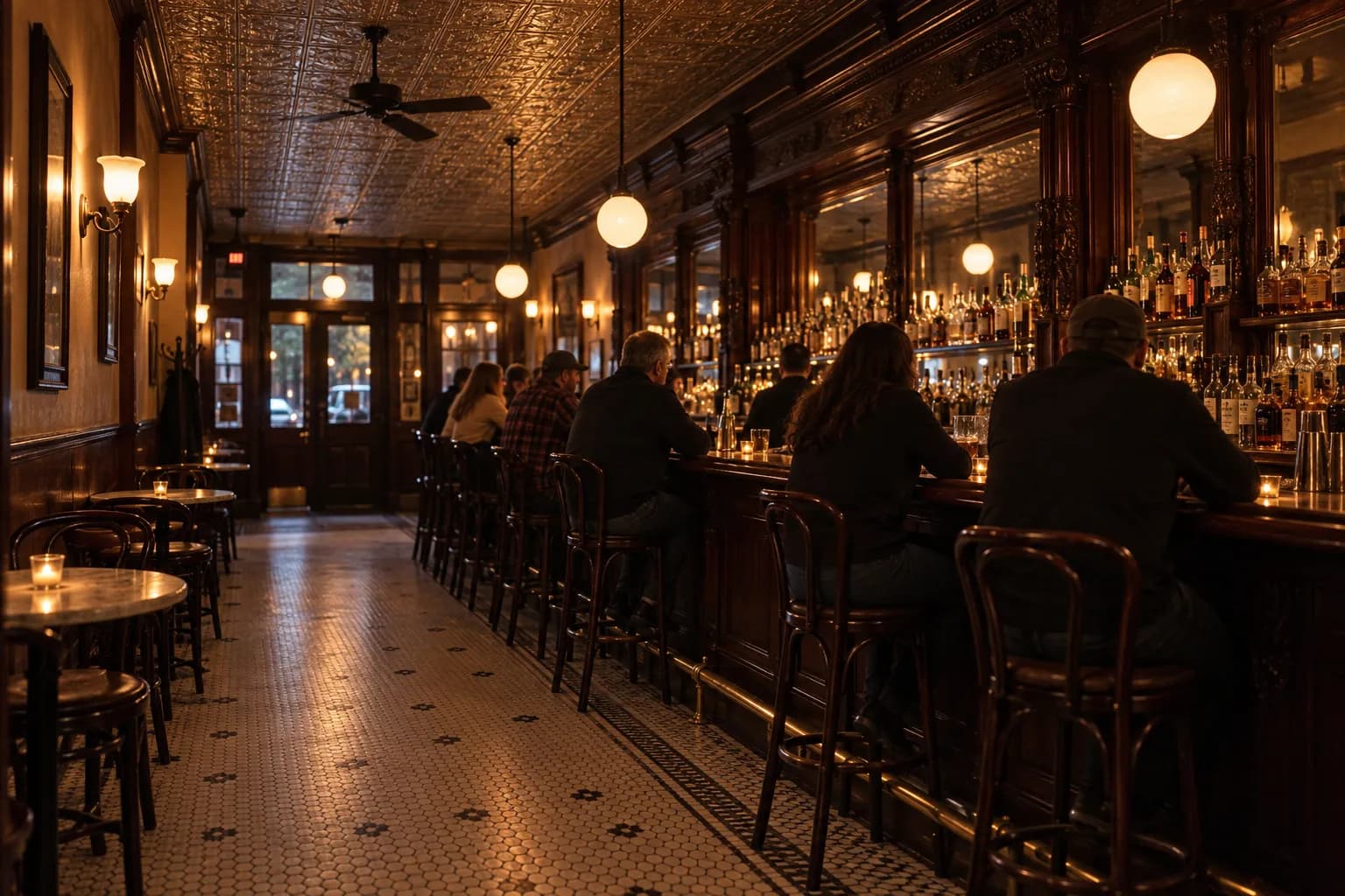 A long historic bar room with a mahogany back bar and a pressed tin ceiling
