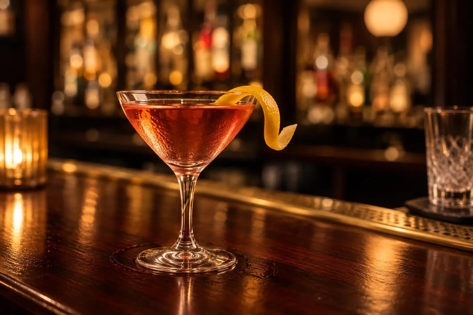 A classic cocktail in a small glass on a polished wooden bar rail