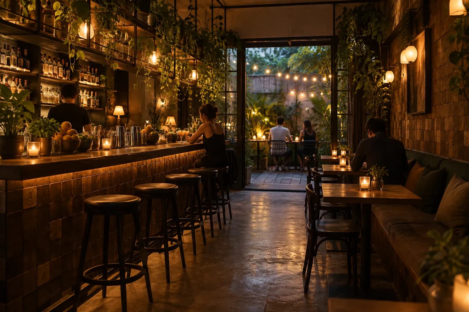 A small warm cocktail bar with plants, soft lighting and a patio doorway