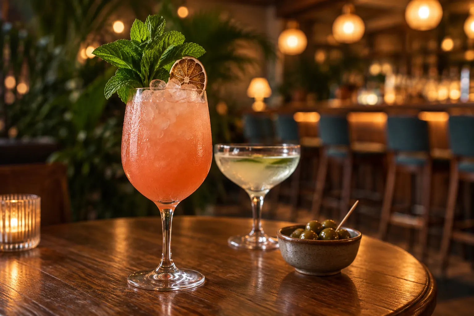 A bright fresh cocktail with a herb garnish on a small table under warm light