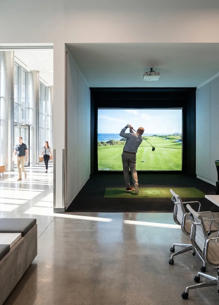 An indoor golf bay in a modern office-building space, a wide bright screen at the far end, glass and steel visible through a doorway to the left
