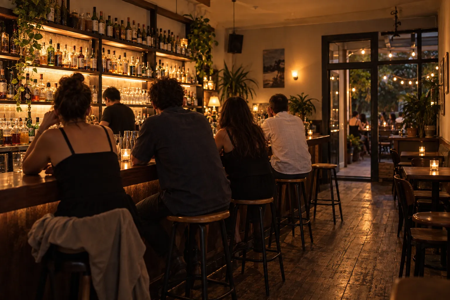 A warm neighbourhood cocktail bar interior with a long bar and low lighting