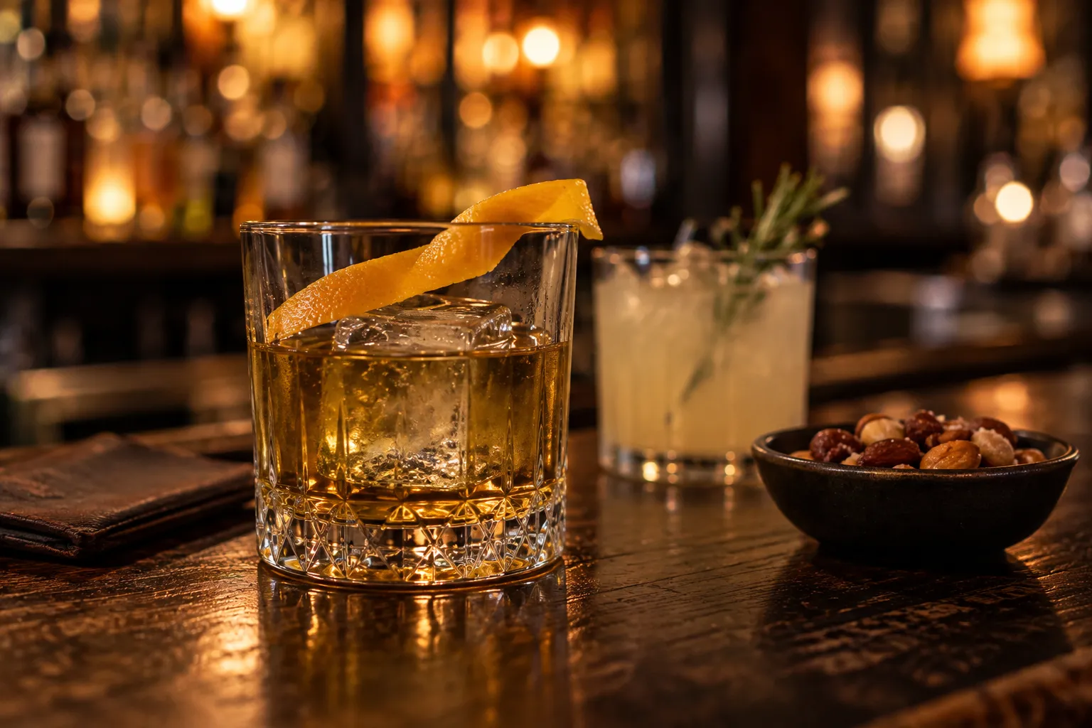 A cocktail on a dark bar top with warm low lighting and bottles behind