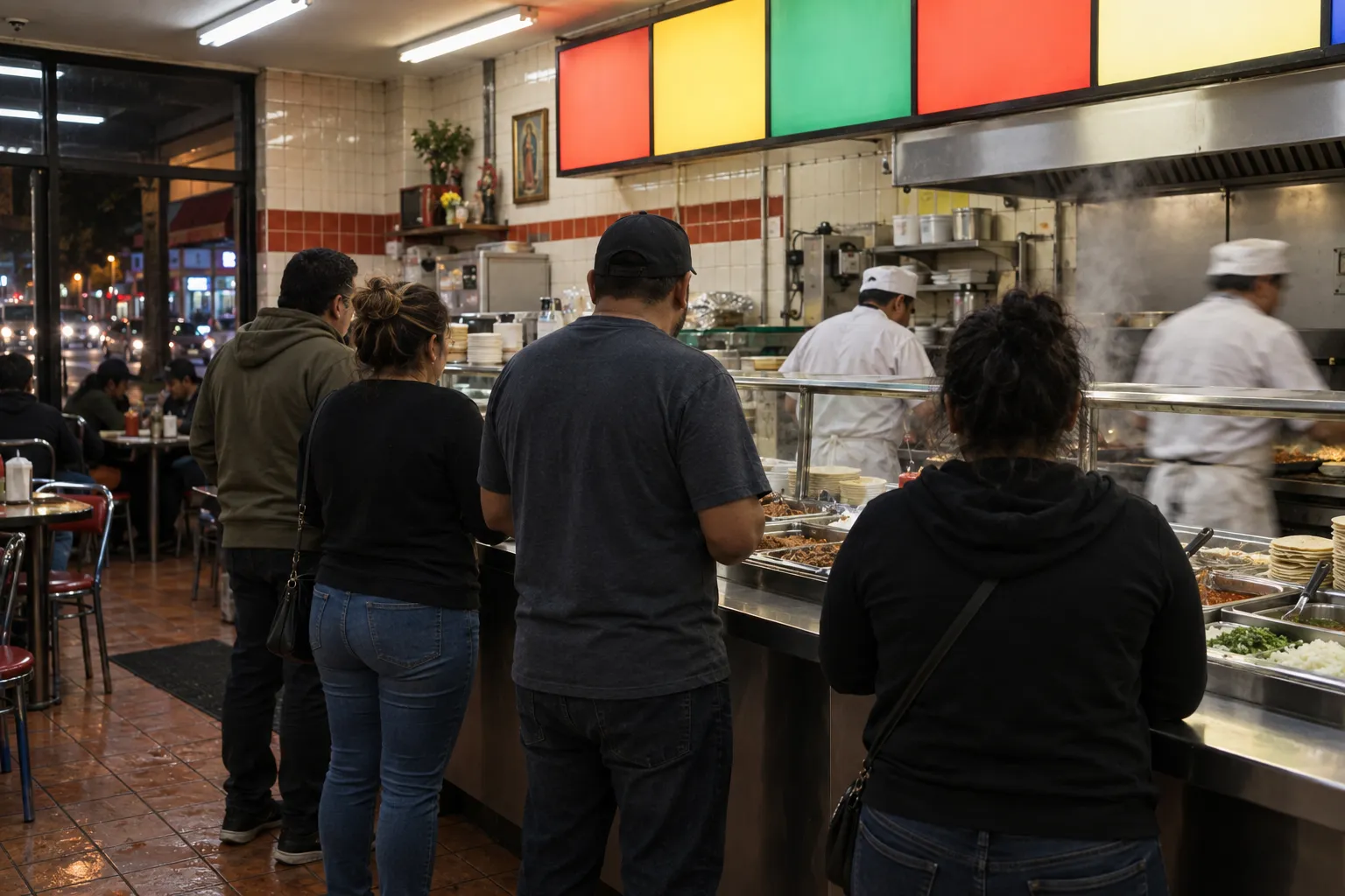 A bright tiled taqueria counter at night with a lit menu board and a short queue