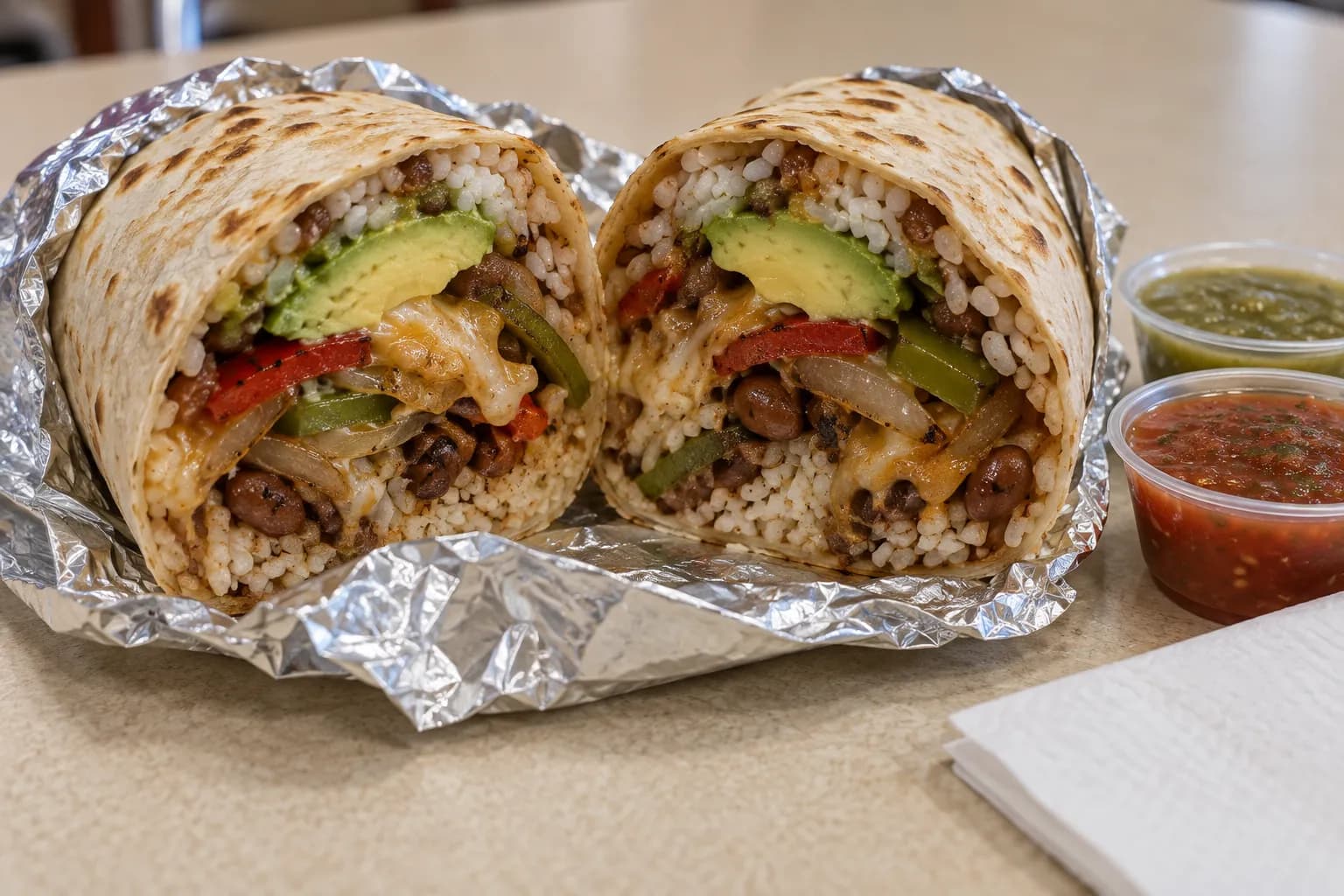 A foil-wrapped burrito cut in half showing rice, beans, avocado and grilled peppers