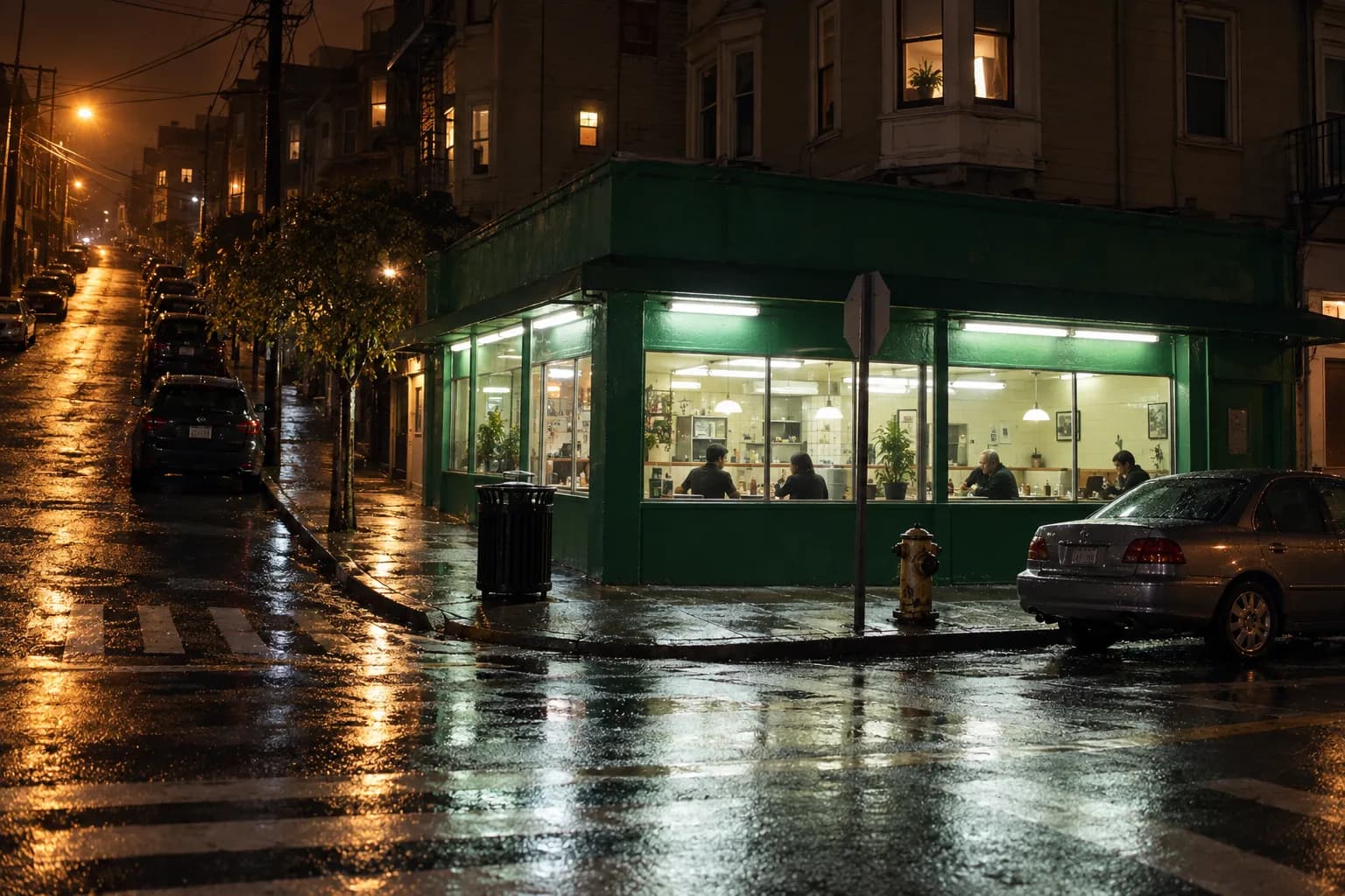 A brightly lit corner restaurant at night on a city street between two neighbourhoods