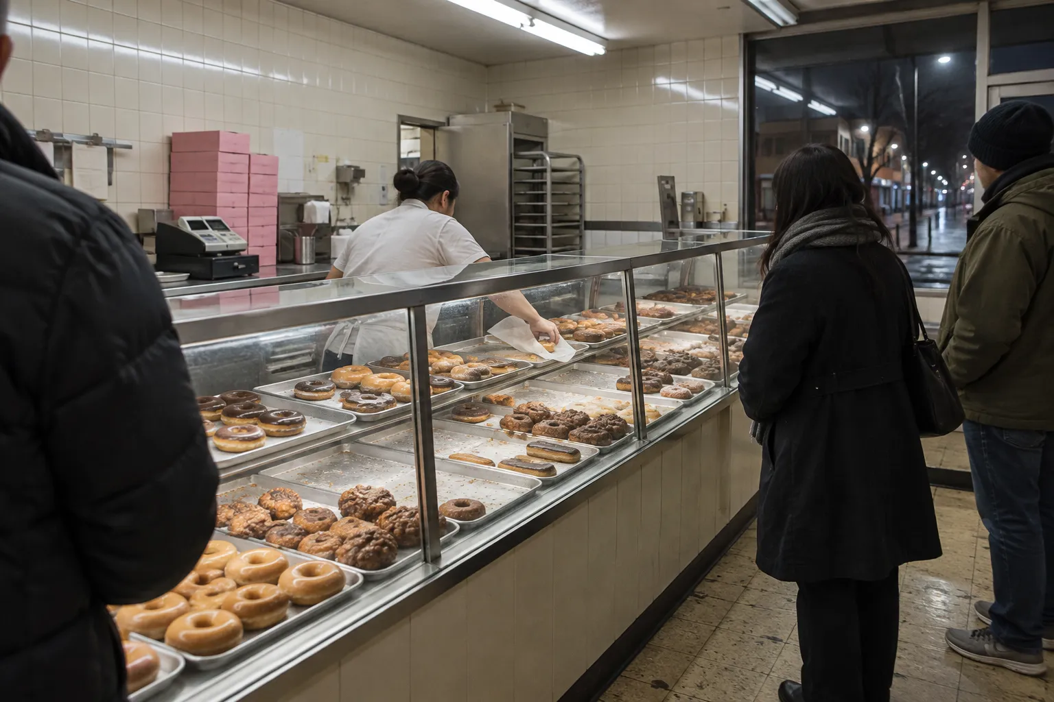 A small lit donut shop counter at night with a full glass case