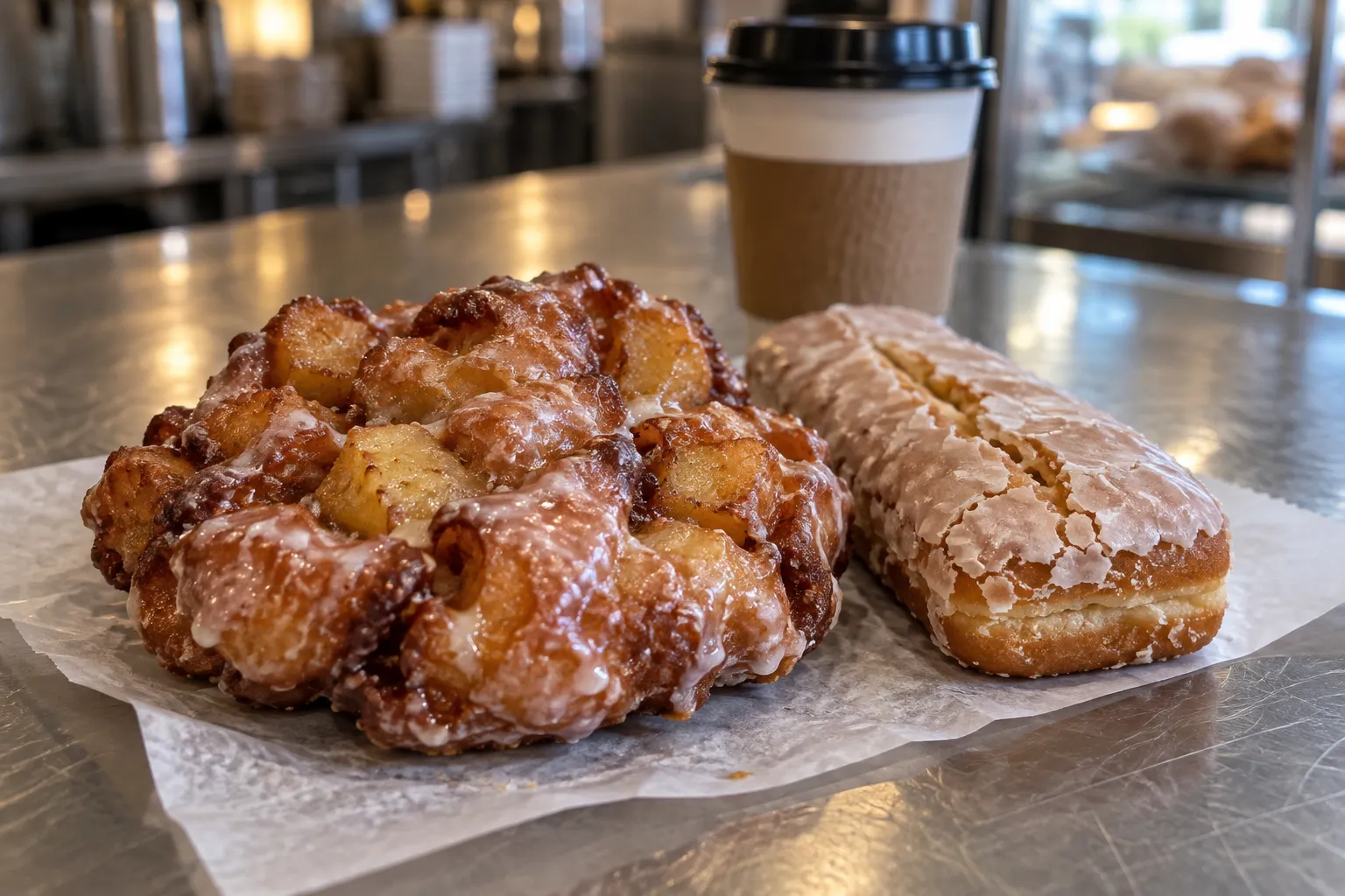 A large craggy apple fritter and a buttermilk bar on a paper sheet under warm light