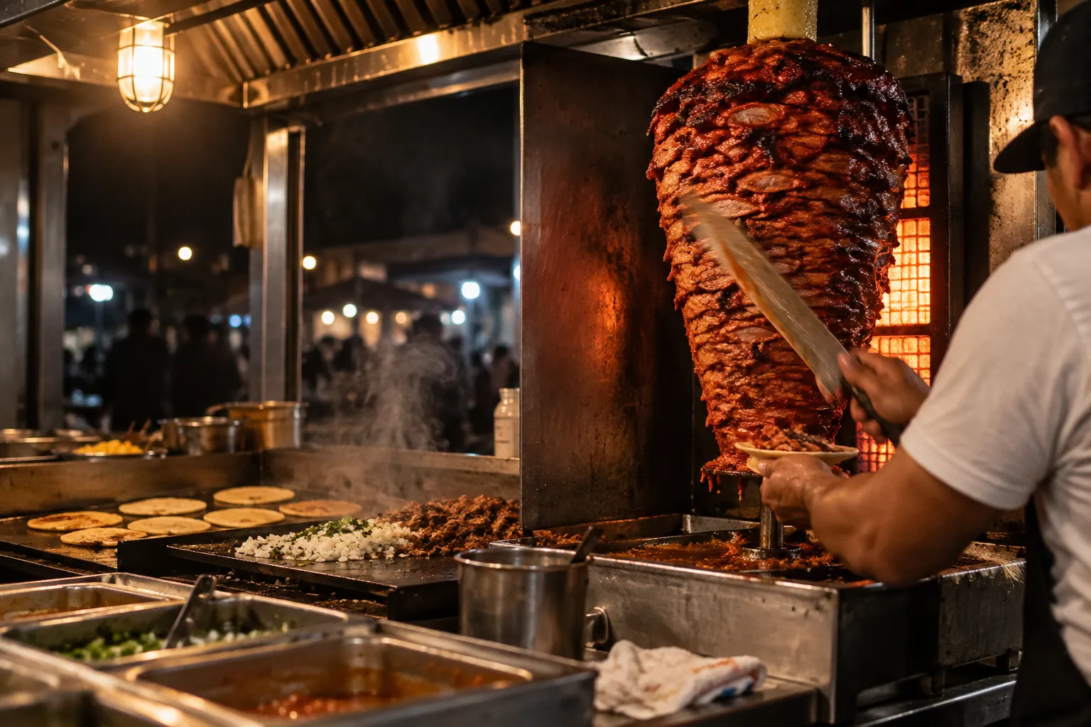 A vertical spit of marinated pork glowing beside a taqueria flattop at night