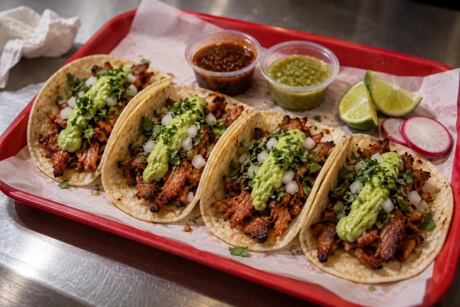 Thin-shaved adobada pork tacos on a paper-lined tray with guacamole and radish