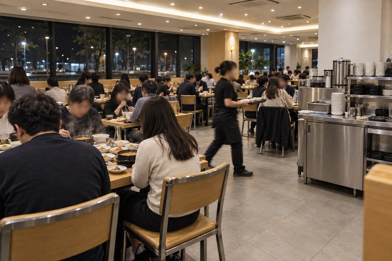 A bright Korean restaurant dining room late at night with full tables